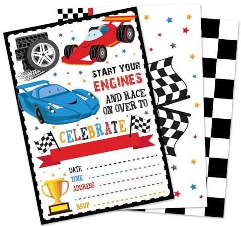 WERNNSAI Rennwagen Einladungskarten mit Umschlägen - 20 Stück Rennen Partyzubehör für Kinder Jungen Geburtstag Babydusche Abschluss Füllen Sie Auto Einladungen Kartenset