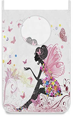 Flower Fairy Butterfly Hanging Laundry Hamper Bag Girl Floral Dirty Clothes Bag,Over The Door Cloth Basket with Hooks, for Bathroom, Bedroom, Storage, Space Saving, Wall, College, Closet