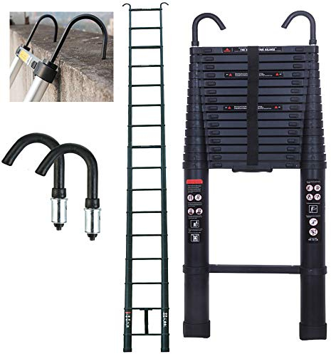 6,2 Meter Teleskopleiter Klappbare Leiter Zusammenklappbar aus Aluminium mit 2 Abnehmbaren Haken Mehrzweckleiter Telescopic Straight Ladder-6.2m, Schwarz