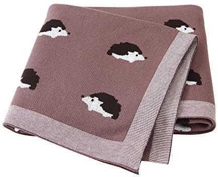 Babydecke Junge Mädchen Baumwolle Strickdecke mit Cartoon Igel Muster, Surwin Multifunktion Winter Kuscheldecke Baby Decke für Kinderwagen Babyschale (Braun,100x80cm)