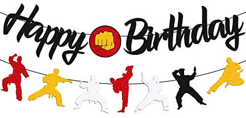 Karate Geburtstagsbanner Taekwondo Themed Happy Birthday Dekorationen für Männer Frauen Kinder Junge Mädchen Geburtstag Party Dekorationen Schwarz Glitzer Supplies