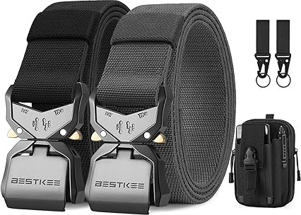 BESTKEE 2er Herren Taktischer Gürtel, 3.8cm Gürtel Herren, Militär Wandern Arbeitgürtel mit Schnellverschluss-Metallschnalle, Geschenk mit taktischem Molle-Beutel