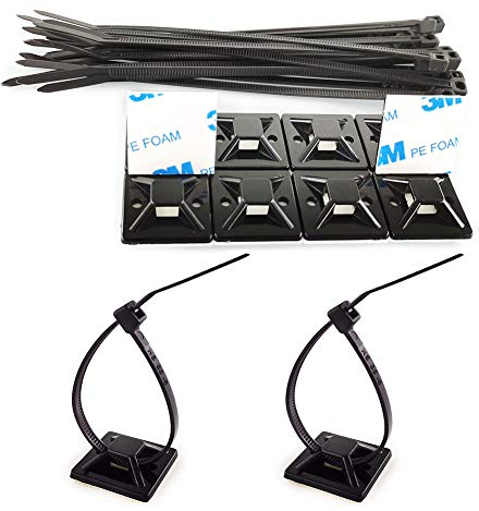 Nylon Kabelbinder UV Beständig und Kabel Halterungen Selbstklebend Jede 100 Stück,25 x 25 mm Kabel Halter Selbstklebend Kabel Befestigung Halterung für Heim Büro klebepads kabelbinder Schwarz