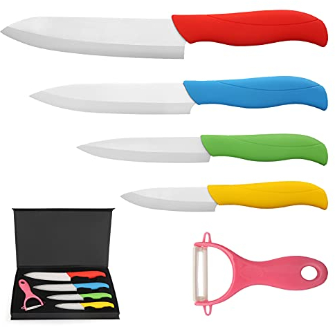 BelleStyle Juego de Cuchillos de Cerámica, Profesionales Cuchillos Cocina, 4 Piezas Cuchillos Chef de Cerámica con Agarre Colorido + 1 Peeler para Cortar Carne de Verduras de Fruta