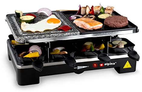 alpina Elektrogrill WJ-K202A - Tischgrill Elektrisch 1200W - Raclette 8 Personen mit 2 Lagen - mit 8 Pfannen und 8 Spachteln - Antihaftbeschichtung - 3-in-1 Pfannen, Backblech und Steingrill - Schwarz