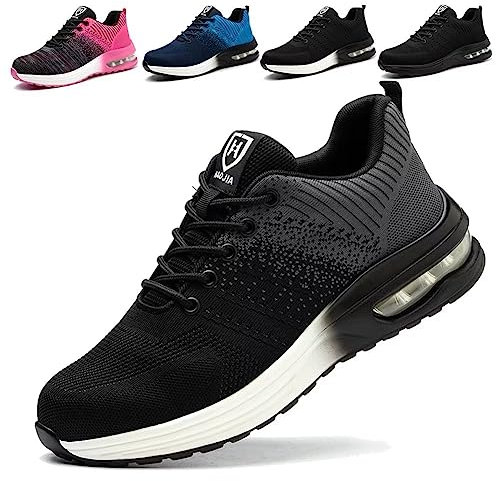 Zapatos de Seguridad para Hombre Mujer Ligeras Colchón de Aire Zapatillas de Trabajo con Punta de Acero Transpirable Negro Gris 44