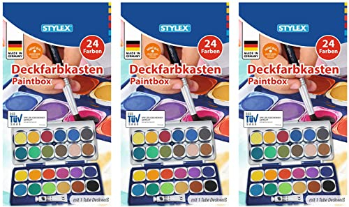 Stylex 28179 - Deckfarbkasten mit 24 Wassermalfarben und Einer Tube Deckweiß, Abnehmbarer Deckel mit 6 integrierten Feldern zum Mischen, ohne Pinsel (3)