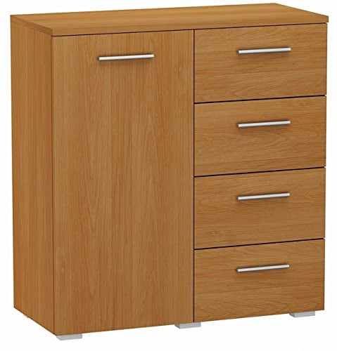 MATKAM Kommode Helena B80 x H84,5 x T35 cm, Sideboard mit 4 Schubladen und 1 Fächer mit Türen, ideal für Büro, Diele, Wohnzimmer, Jugend- oder Kinderzimmer (Erle)