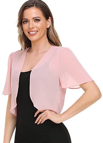 Boléro pour femme en mousseline de soie douce ouverte sur le devant transparent à manches courtes pour robe de soirée, rose poudré, Small