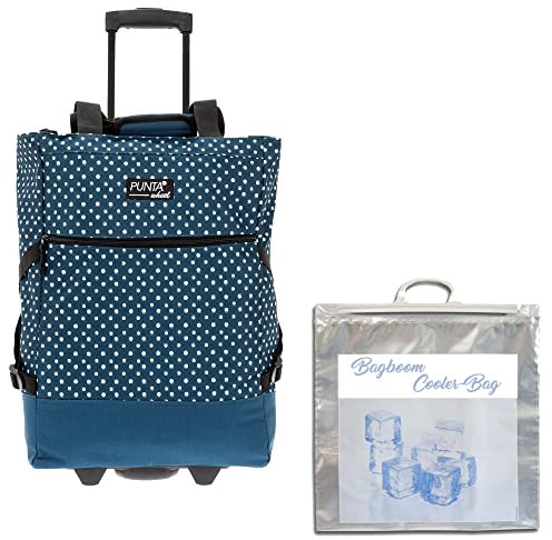 Einkaufstrolley Trolley groß Einkaufsroller faltbar Punta Wheel 35 Liter Volumen Alu Stange Schulter-Handgurte Auswahl + Thermo Kühltasche (Blue Dots 10008 5020 + Bagboom Tasche)