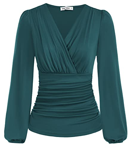 Tunique Femme à Taille Marquée Chemisier Automnale à Manches Longues de Lanterne Blouse Cache-Cœur à Taille Plissée L Bleu-Vert