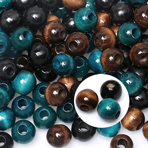 100 Stück Holzperlen Mit Großem Loch (15 mm) für Makramee-Handwerk - Braun/Blau/Schwarz, Runde Lose Abstandshalter Mit 6 mm Loch für Girlanden, Heimdekoration