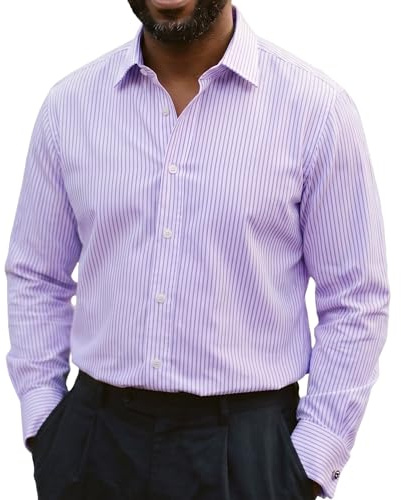 Janeo British Apparel Men's Windsor Fine Stripe Formal Dress Shirt, Classic Regular Fit, Easy Care, Single & Double Cuff Options (Lavender, 16.5 in, Single Cuff)