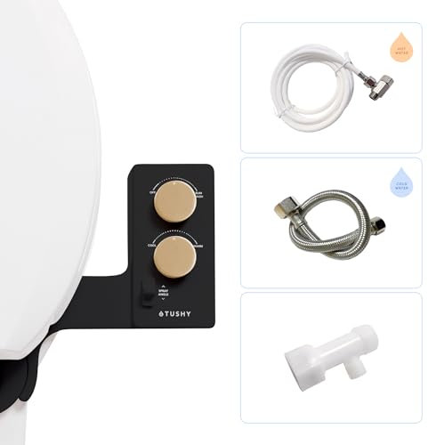 TUSHY 3.0 Spa Cool to Warm Water Bidet Attachment.Easy Universal Toilet Seat Install, Requires Sink Connection for Temperature Control, Fresh Self-Cleaning Clean Water, Noir/Gold