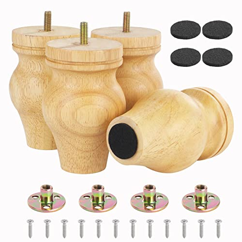 Lot de 4 Pieds de Meubles en Bois Massif de 13,5 cm, Pieds de Rechange pour Meubles en Bois Massif avec plaques de Montage, vis et Tapis antidérapants pour Table, Chaise, canapé, Armoire
