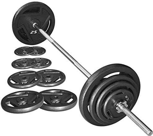Fitvids Cast Iron Standard Weight Plates Including 5FT Standard Barbell with Star Locks, 95-Pound Set (85 Pounds Plates + 10 Pounds Barbell), Multiple Packages, Style #3