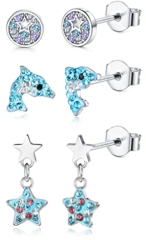 LOLIAS 3 Paar 925 Sterling Silber Kleine Ohrstecker Baumeln Ohrringe für Damen Mädchen Schmetterling Herz Stern Delphin Blume Ohrringe Hypoallergene CZ Knorpel Ohrringe Schmuckset