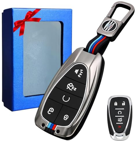 Moonlinks Schlüsselanhänger-Abdeckung, 5 Tasten, kompatibel mit Chevy Malibu Camaro Cruze Traverse Sonic Volt Bolt Equinox 2016–2022, Malibu Schlüsselhülle, Metall, grau, Kohlefaser, Malibu Key Cover