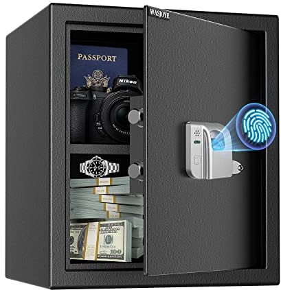 WASJOYE 43L Fingerabdruck Tresor Safe, Groß Tresor mit Zahlenschloss, Biometrischer Möbeltresore, Tresore mit 2 Schlüssel, für Zuhause Büro Hotel Geld Dokument Schmuck Reisepass Lagerung-45*42*36cm
