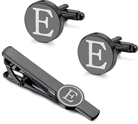 Morfetto Initial Manschettenknöpfe und Krawattenklammer Set für Männer Personalisierte Schwarze Manschettenknöpfe und Krawattenklammer Alphabet A-Z Geschenk mit Box für Vater Ehemann E