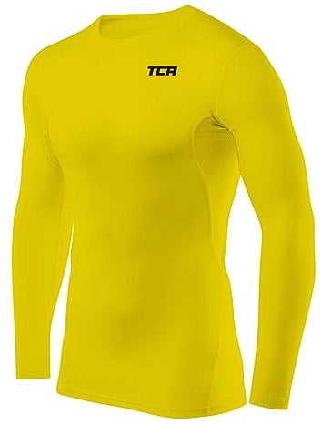 TCA Men's HyperFusion Compression Base Layer Top Long Sleeve Under Shirt - Crew Neck - Sonic Yellow, XL