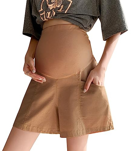 ACMEDE Été Shorts de maternité Coton et Lin Vêtements de Grossesse Short à Jambe Large Taille Elastique Shorts Jeans avec Poches pour Femmes Enceintes Pantalon Court de Grossesse
