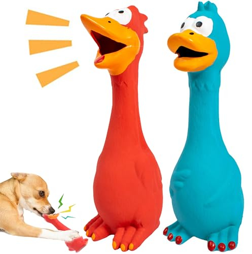 XFLYP 2 Stück Gummi Schreiend Hühner Spielzeug, Hundespielzeug Rubber Screaming Chicken Yellow Quietschende Dekompression Kleines Spielzeug zum Reinigen der Zähne(Rot + Blau)
