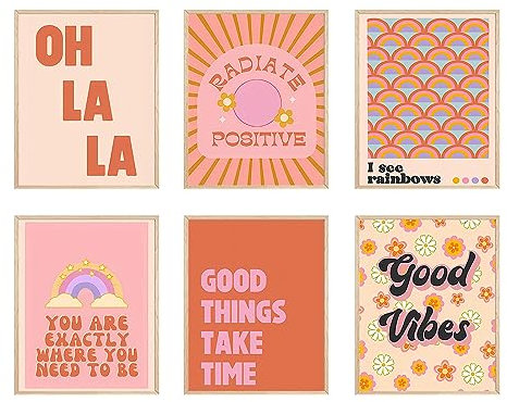 Trendige Retro-Wandkunst, rosa, ästhetisch, 6er-Set, flippig, inspirierend, Zitat, Poster, Drucke, adretter Regenbogen, Wanddekoration, orange/beige, Raumdekoration für Mädchenzimmer, Schlafzimmer,