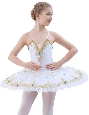 FONLAM Ballettkleid für Mädchen Tänzerin Kostüm Balletttrikot Tanzkleid Tanztrikot Ballettkleidung Besticktes Ballett Tutu Kinder (Weiß, 12-14 Jahre)