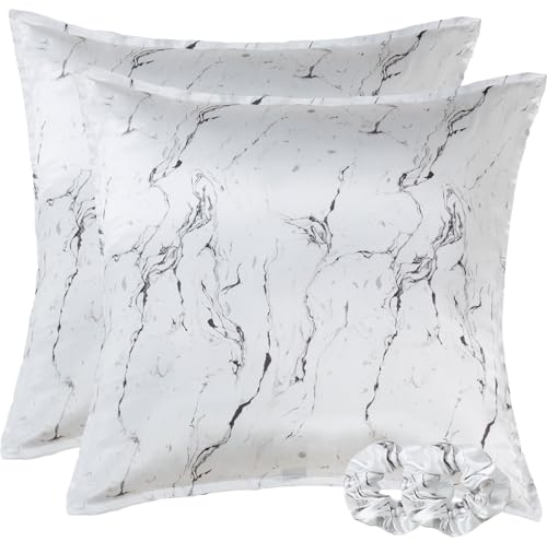 Vielit 2 Stück Satin Kissenbezug 80x80 Weiß Marmor, Weich wie Seidenkissenbezug, Bessere Pflege als Silk Pillosecase, Satin Kopfkissenbezug Kissenhülle für Haar und Haut kommt mit 2 Haargummis