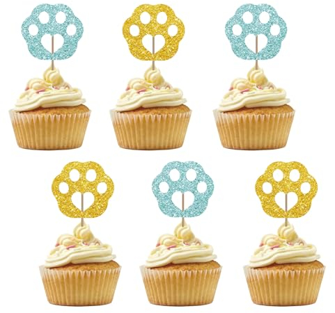 Set of 24 Paw Cupcake Toppers for Pet Theme Birthday, Blue & Gold Glitter Puppy Kitten Paw Sign Cupcake Toppers, Cake Decorations for Baby Shower/Dog Cat Birthday Party Supplies