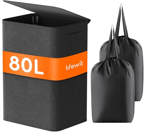 Lifewit 80L Pfandflaschen Sammelbehälter mit Deckel, Schwarz | Faltbarer Leergut Sammelbehälter und Flaschensammler für Altglas und Kunststoffflaschen in Küche oder Garage