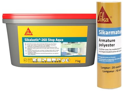 SIKA - Revêtement d'étanchéité sous carrelage - Prêt à l'emploi - Pour salle de bain & douche à l'italienne - Séchage rapide - 7kg + Armature de renforcement d'étanchéité 10m x 20cm
