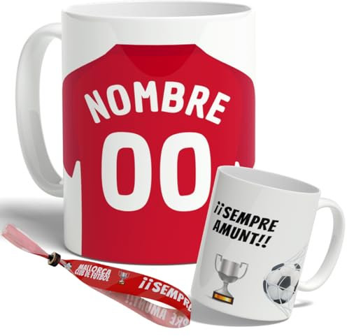 DEREGALOOS Taza Personalizada con nombre de Fútbol Mallorca. Tazas de Desayuno personalizada. Regalo Original para Aficionados del Futbol. Regalos Mundial Mallorca. Pulsera de regalo