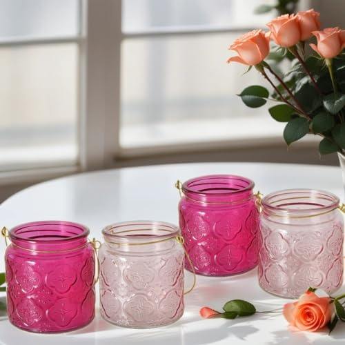 Marrakech Lot de 4 photophores vintage en verre de 11 cm de haut – Bougeoirs et photophores comme décoration de salon rose – Bougeoirs exquis pour vos bougies chauffe-plat