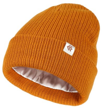 Creekstone Satin Gefütterte Wintermütze Unisex Slouchy Beanie für Haar, Warme Wollmütze Satin Lined Beanie Mütze für Damen Herren (DE/NL/SE/PL, Alphanumerisch, Einheitsgröße, Braun Gelb)