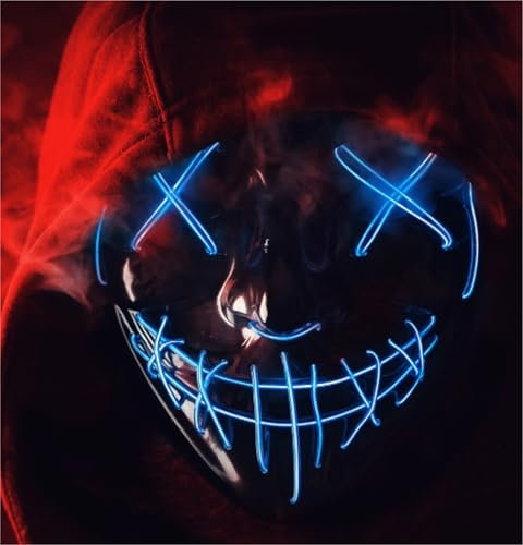 FASCHINFEVER - Maschera illuminata a LED, a tema film “La notte del giudizio”, controllabile, adatta per Halloween e carnevale, unisex (colore blu)