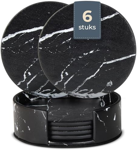 Castagnola PU Leder Design Untersetzer mit Halter | Set mit 6 Untersetzern | Untersetzer für Gläser | Untersetzer Set | Getränkeuntersetzer | Lederuntersetzer (Schwarz/Weiß) - 6er Set