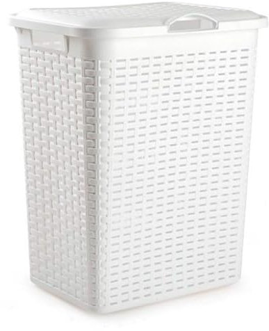Tradineur - Cesto rattan para ropa sucia con tapa, pongotodo de plástico con asas, cubo para colada, imitación de mimbre, fabricado en España (Blanco - 38 litros - 49 x 38,5 x 29,5 cm)