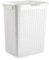 Tradineur - Cesto rattan para ropa sucia con tapa, pongotodo de plástico con asas, cubo para colada, imitación de mimbre, fabricado en España (Blanco - 38 litros - 49 x 38,5 x 29,5 cm)