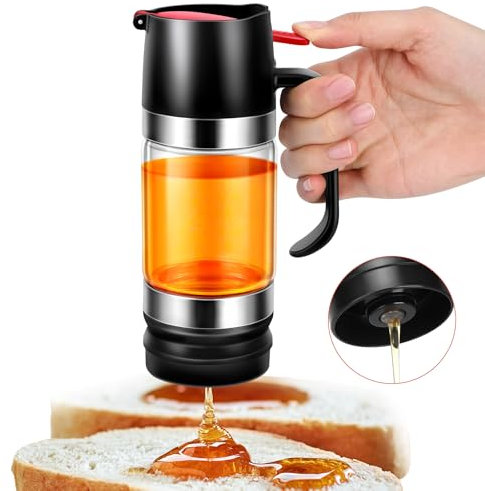 Dispensador de miel, tarro de miel a prueba de goteo con mango, dispensador de miel de cristal a prueba de goteo con soporte, dispensador de jarabe tipo prensa, vidrio sellado para el hogar, botella