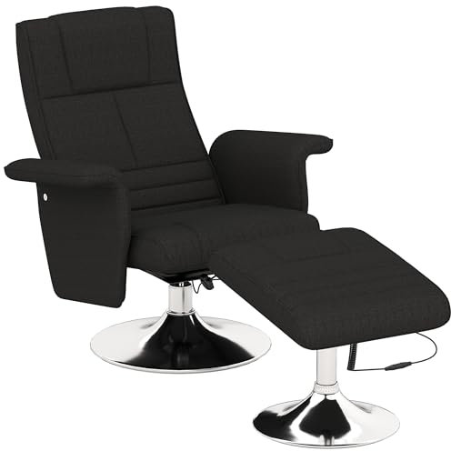 HOMCOM Relaxsessel mit Hocker, 360°drehbarer Fernsehsessel mit Vibrations-Massage, Liegefunktion, Massagesessel mit Seitentasche, Ruhesessel, Leinenstoff für Wohnzimmer Schwarz