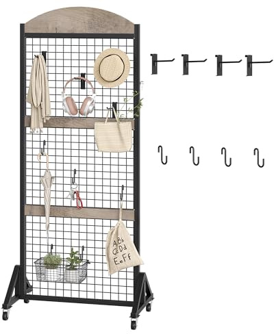 CHOEZON Grid Wall Panel 5.7’ x 2’ FT Grid Display Rack, Movable Gridwall Display Stand with Wheels, Floorstanding Wire Grid Rack with 4 S-Shaped Hooks and 4 Garment Hooks, Greige and Black TCJ17BG