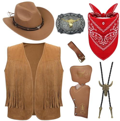 7 Stück Cowboy Fancy Dress Zubehör Set für Herren, Western Cowboy Kostüm mit Hut Quastenweste Paisley Bandana Western Boloschnalle Gürtel Holster für Karneval Fancing Cosplay