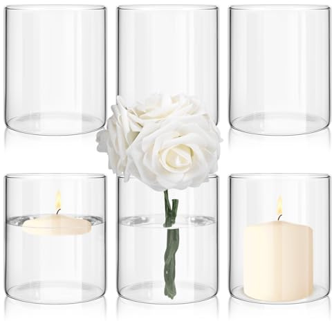 Vase Glas, 6 Stück Glasvase, Kleine glasvasen für tischdeko 15cm kerzenglas Klar glasvase Zylinder Vasen Hochzeit tischdeko mit Boden für Blumen Pflanzen Kerze(8.5 * 15cm)