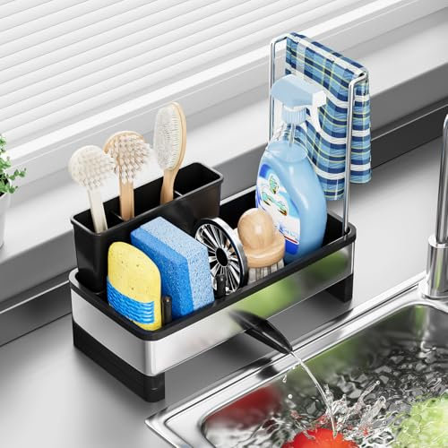 JOUING Sink Caddy Kitchen Sink Organiser Stainless Steel Sponge Holder with Swivel Spout Sink Tidy with Towel Rack, Brush Rack (Black)