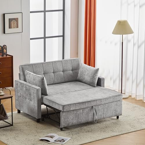 Kebnor [Sofabett mit Schlaffunktion] Zweisitziges Sofa, Doppelschlafsofa, verstellbare Rückenlehne, Chenille-Stoff, hochdichter Schaumstoff, Wohnzimmersofa, Sofa mit Bettfunktion (Grau)