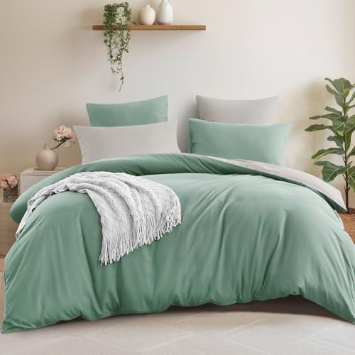 Aisbo Double Size Duvet Cover Set - 3Pcs Reversible Bedding Bed Set Sage Green and Beige Double Soft Brushed Microfiber Quilt Cover with 2 Pillowcases 50x75cm