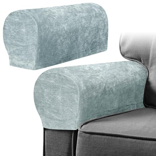 Armrest Chair Covers, Set of 2 Anti-Slip Stretch Chenille Couch Arm Cover with 10 Twist Nails, Armrest Covers Thickened Arm Caps Slipcovers for Sofa Couch Chair Recliner Protector (Neutral Gray)