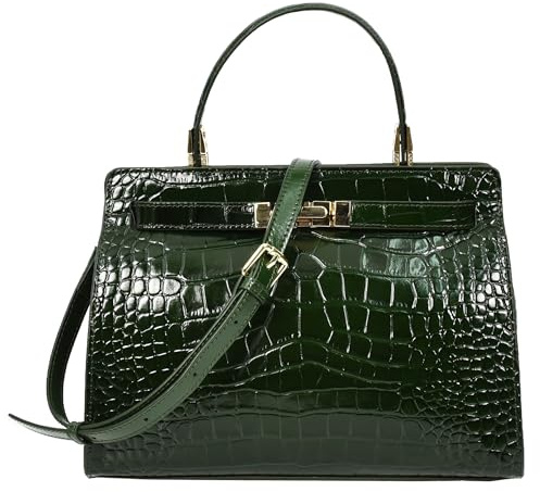 Camille Damen-Handtasche aus echtem Leder, klein, Organizer mit Tragegriff oben, Grün , Small, Umhängetasche